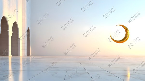 The image shows a large courtyard with a marble floor in front of an architectural facade featuring beautifully designed arches. Above the courtyard in the sky, there is a golden crescent with intricate details, highlighting the architectural beauty under the bright daylight.