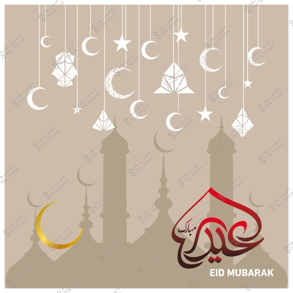 صورة تهنئة بمناسبة عيد مبارك تحتوي على عناصر زخرفية مثل النجوم والأهلة فوق خلفية لمسجد, مع عبارة \"عيد مبارك\" مكتوبة بالخط العربي.