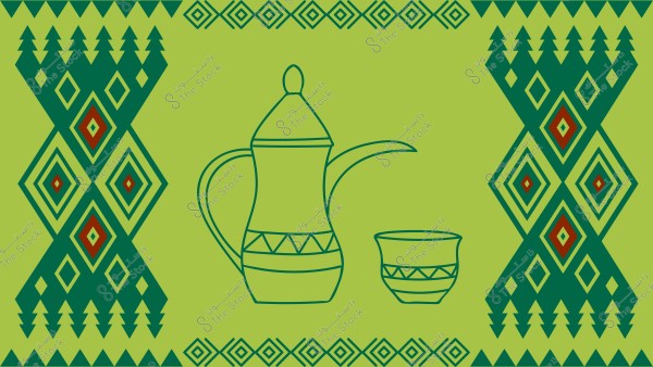 A design of a traditional Arabic pattern on a green background. The design features intricate geometric motifs in green and red, with an Arabic coffee pot and cup in the center.