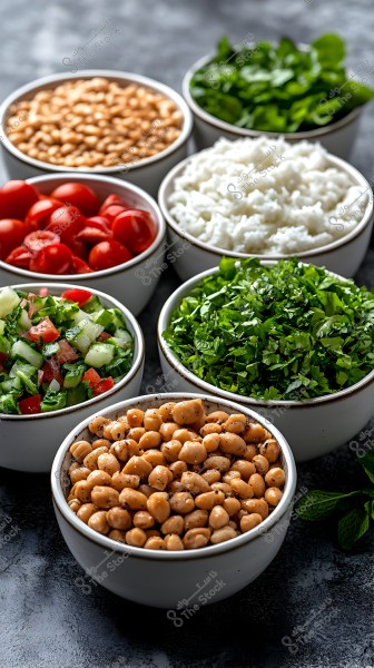 Image of six white bowls containing various ingredients arranged neatly. The first bowl contains cooked chickpeas, the second holds fresh cherry tomatoes. The third bowl has a mix of chopped cucumber, tomatoes, and parsley. The fourth contains diced white beans, the fifth has cooked white rice, and the sixth is filled with chopped leafy greens.
