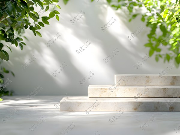 An image depicting three rectangular white stone platforms arranged like steps in front of a white wall. Green leaves hang down from the upper left corner, casting lovely shadows on the surface.