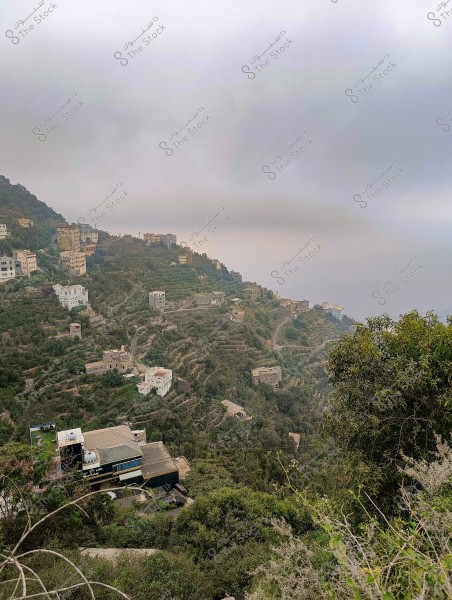 تظهر الصورة منظرًا طبيعيًا من محافظة فيفاء بمنطقة جازان جنوب المملكة العربية السعودية لقرية جبلية مع منازل متعددة مبنية على منحدرات جبلية خضراء. تحيط بالمنطقة غيوم منخفضة, ما يمنح المشهد جوًا ضبابيًا. تتدرج المنازل على مستويات مختلفة لتعكس التضاريس الجبلية. يغلب على المنظر جمال الطبيعة الخضراء.