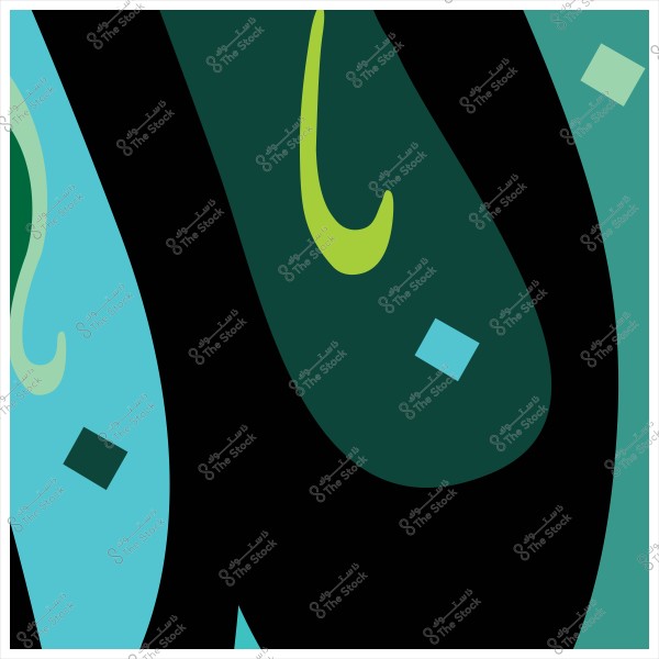 تصميم تجريدي بخلفية خضراء وزرقاء مع أشكال منحنية ومستطيلة مختلفة.