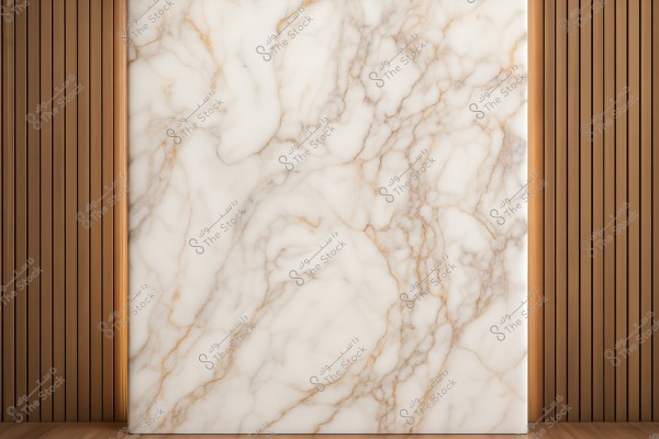 A large slab of white marble with brown veins and lines, surrounded by wooden walls made of vertical slats. The design reflects a sleek and modern style.