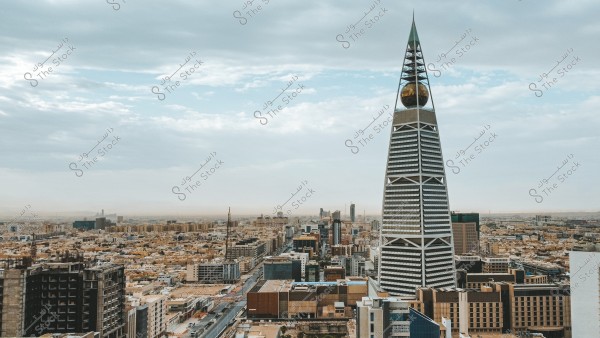 Aerial view of Riyadh city featuring the iconic Al Faisaliah Tower, a skyscraper with a unique architectural design including a conical top and a large golden sphere. Surrounding the tower are other city buildings, with a partially cloudy sky above.