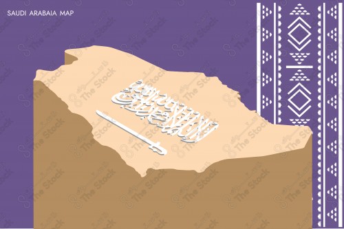 A 3D map of the Kingdom of Saudi Arabia, purple background