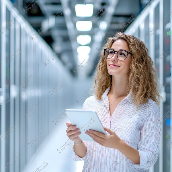 A woman wearing glasses and a white shirt stands in a modern data center, holding a tablet. The servers and tech racks are lined up in the background in a well-lit corridor, suggesting an advanced working environment.