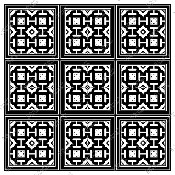 تصميم هندسي مزخرف باللونين الأسود والأبيض مع نقوش مكررة.