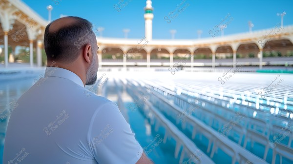 The image shows a person looking out over a wide, open courtyard with rows of empty white chairs. In the background, there is a mosque with Islamic architecture and a prominent minaret under a clear blue sky. The person is wearing a white shirt and is photographed from behind.