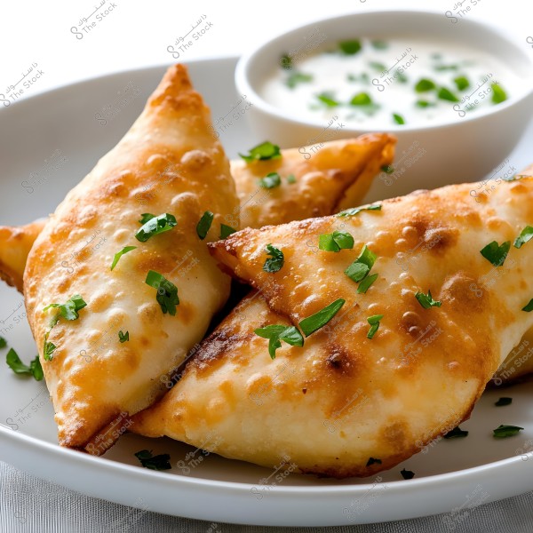 A photo showing a plate with three pieces of fried samosas, garnished with green parsley leaves. The samosas are golden and crispy, served with a small bowl of white sauce on the side, also garnished with parsley leaves.