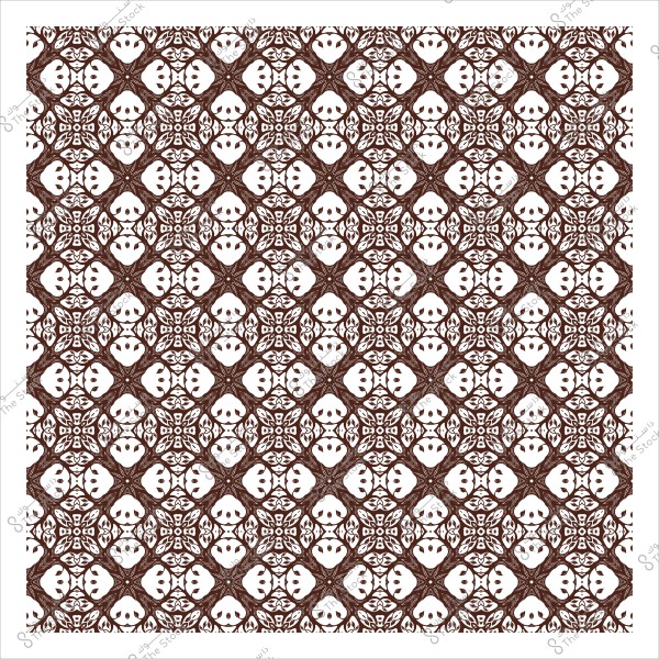 نمط زخرفي متماثل بلون بني على خلفية بيضاء, يُظهر تصميماً هندسياً معقداً يحتوي على أشكال متعددة.