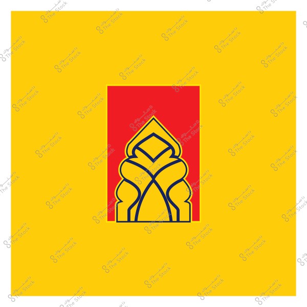 تصميم هندسي بالألوان الصفراء والحمراء مع خطوط زرقاء بشكل زخرفي مركزي.