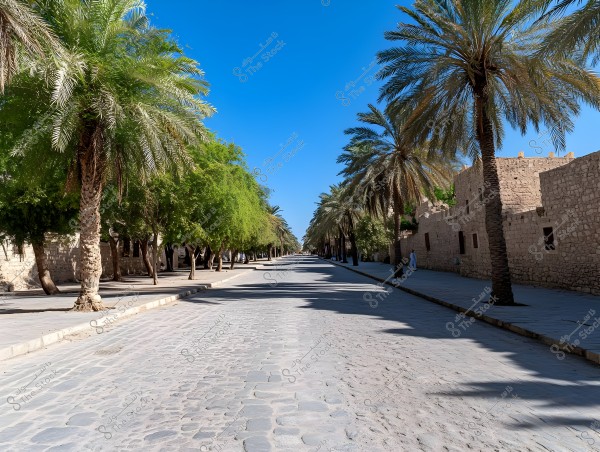 An image showing a cobblestone street in a desert or Arabian region. Palm trees line both sides of the road, casting shadows on the ground. The sky is clear blue, with some old stone buildings visible on the sides.