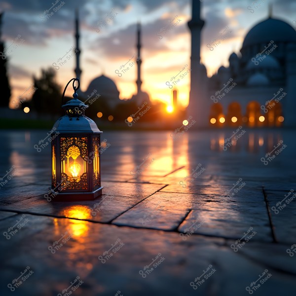 A lit lantern on the ground with a sunset in the background and a mosque featuring domes and minarets blurry in the distance. The orange light of the lantern reflects on the damp ground, creating a serene and contemplative atmosphere.