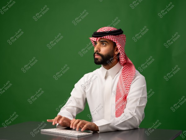 A man wearing traditional Saudi attire sits in front of a keyboard with a green background.