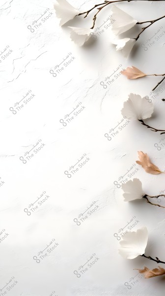 The image features a design with white and light brown floral decorations on a textured white background. The branches extend diagonally from the corners of the image, with delicate white flowers contrasting against the light background color.