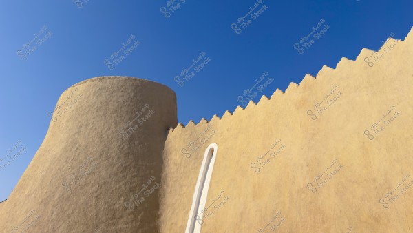 جدار من الطين التقليدي بتصميم معماري فريد تحت سماء زرقاء صافية.