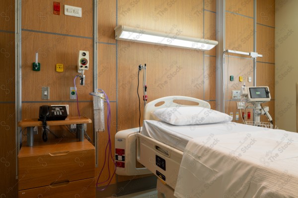 An image of a hospital that includes a group of patient beds, which reflects the medical environment equipped to care for patients and provide the necessary health support