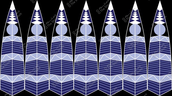 A geometric design inspired by modern architecture, featuring a series of repeating shapes resembling skyscrapers with pointed tops. Each unit includes details in dark and light blue with white, featuring circles and parallel lines against a black background.