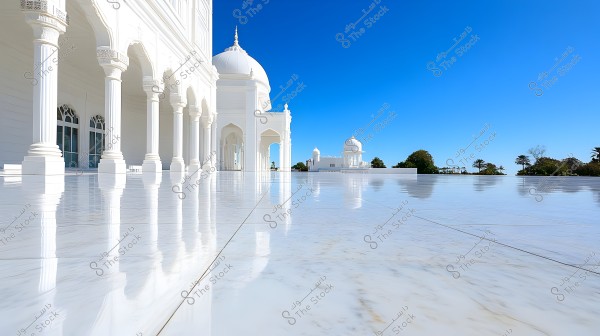 Image of a large mosque with Islamic architecture, featuring white domes and columns reflecting sunlight. The floor is made of shiny marble reflecting the structure, and the background shows a clear blue sky.