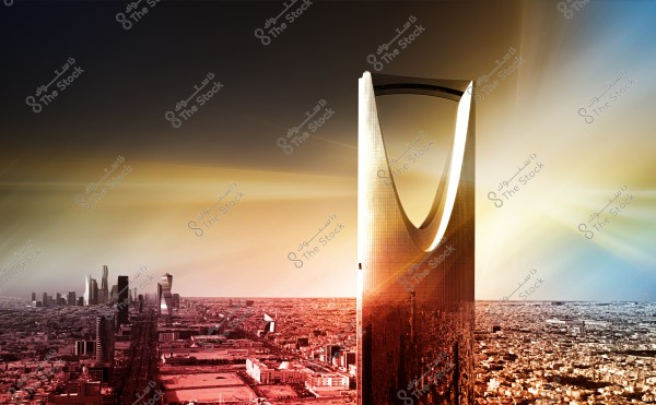 An image showing the skyline of Riyadh with the prominent Kingdom Tower in the foreground. The tower features a distinctive design with an open arch, gleaming in golden hues under a brilliant sunlight. In the background, other skyscrapers of the city appear, blending into the warm red and orange shades.