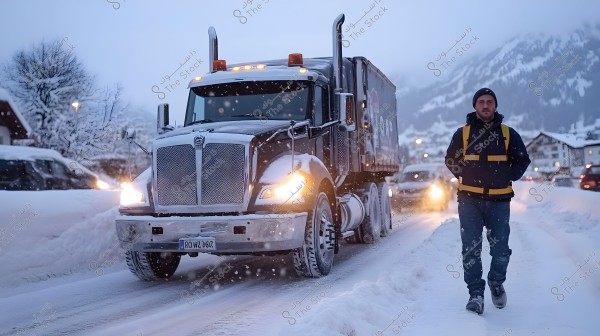A large black truck is driving on a snow-covered road in a mountainous area. In the foreground, a man wearing a dark jacket and jeans is walking casually beside the truck. The scene is surrounded by snow-covered trees and buildings on both sides, with car lights visible in the background.