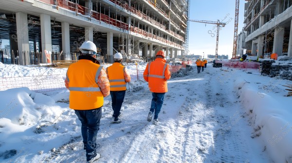 A group of workers wearing orange vests and white helmets walking on a snowy construction site. Two buildings under construction with cranes and columns are visible in the background, with snow covering the ground.