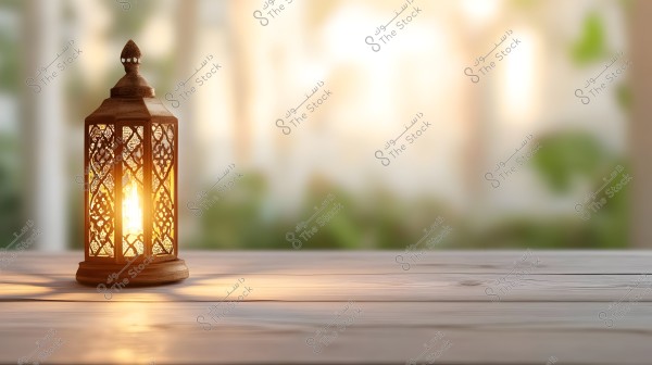 A decorative metal lantern with a warm light sits on a wooden surface. The intricate design of the lantern is clearly visible against a blurred background featuring green plants and soft shadows, creating a calm and inviting atmosphere.