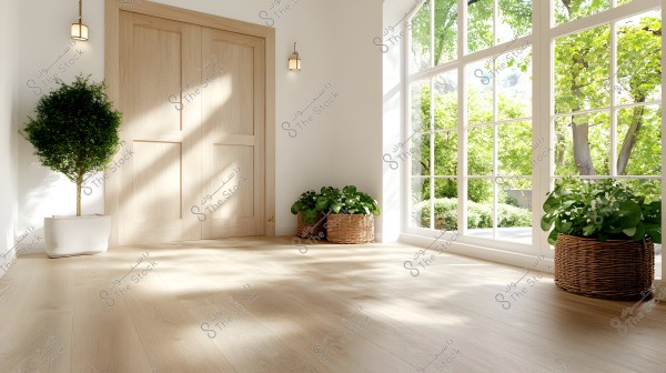 The image shows a bright room with a modern interior design. A large window on the right overlooks a lush green garden, allowing bright natural light to flow inside. Light wooden doors complement the white walls of the room. Green plants are placed in pots by the walls, adding a fresh and lively touch to the space.