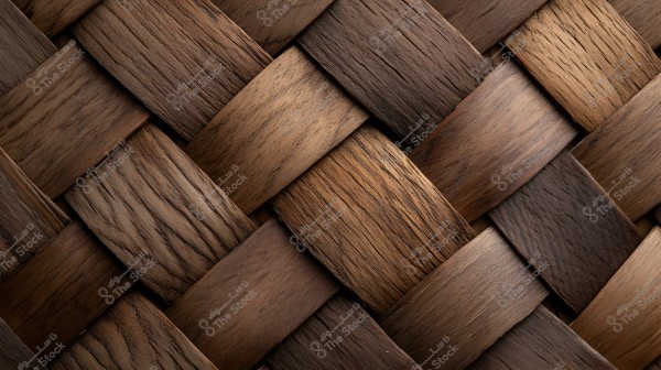 An image showing an intricate pattern of interwoven wood, consisting of wooden planks of varying widths crossing each other. The wooden planks range in color from dark brown to light brown, creating a balanced visual effect.