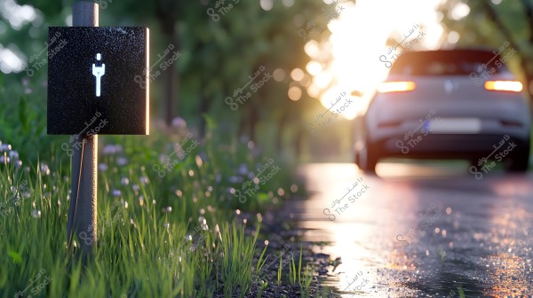 The image shows a small road sign mounted on a post, featuring a symbol related to electric charging. In the background, a modern car is on a rural road lit by sunlight at sunset, with grass and flowers surrounding the road.