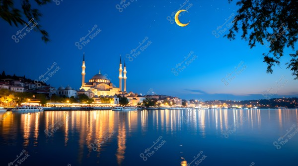 Nighttime image of an illuminated bridge stretching across the water\'s edge, reflecting city lights and surrounding buildings. A prominent mosque with a dome and minarets is lit up, and stars decorate the clear sky with a bright crescent moon. Trees and houses create a serene and picturesque atmosphere.