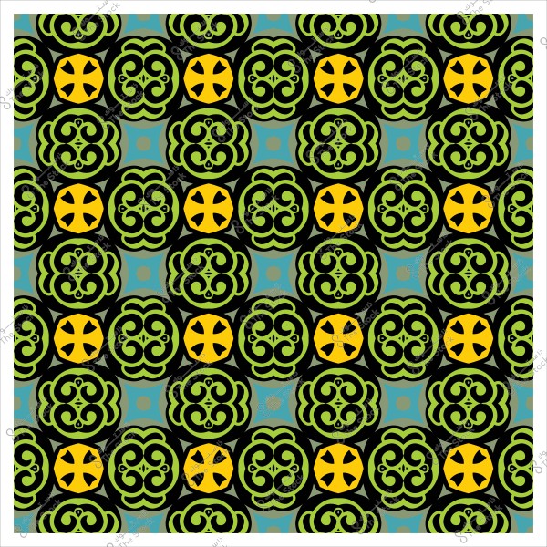 Decorative pattern with circular designs featuring green and yellow geometric shapes on a black and blue background.