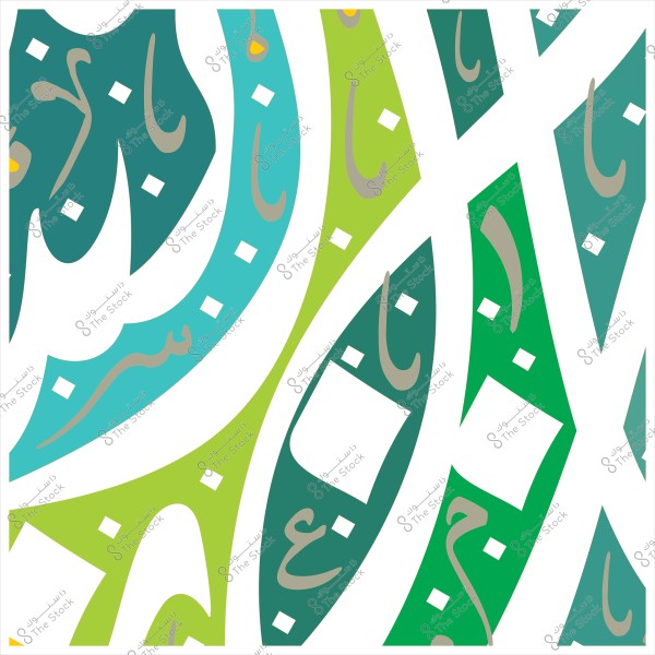 Decorative pattern with green and blue colors featuring Arabic letters in an ornamental script.