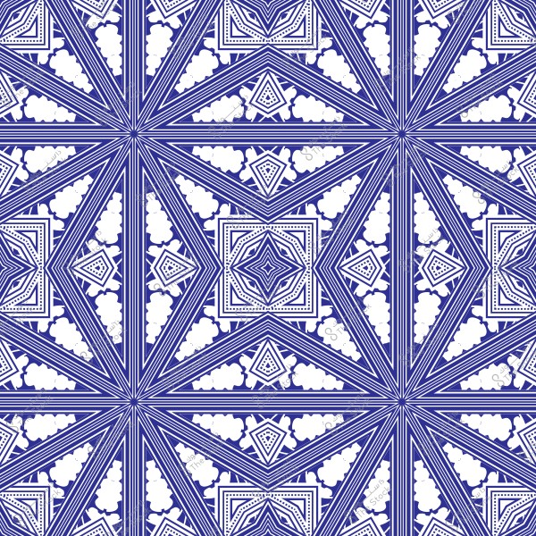 A detailed geometric pattern featuring repetitions of squares and triangular shapes. The design is in dark blue on a white background, incorporating interlocking lines and small dots. The pattern is reminiscent of traditional or Islamic art, reflecting an attractive balance and symmetry.