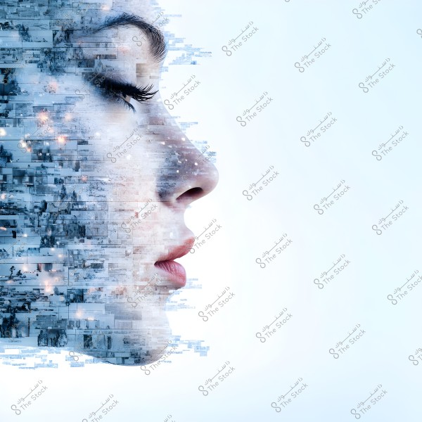An image depicting a side profile of a human face transitioning into a digital or abstract pattern. The left side of the face fades into a series of small images and squares in shades of blue and white, giving a technological or digital effect. The background is white with light blue gradients.