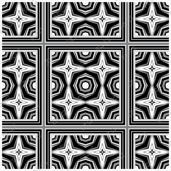 نمط هندسي يتكون من نجوم وأشكال خماسية بالأبيض والأسود, تتكرر بشكل متماثل.