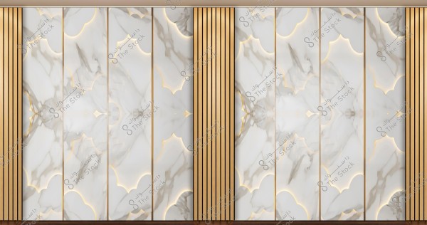 An artistic wall panel with classic touches featuring marbled slabs with gray patterns and golden lining, interspersed with vertically extending golden wooden elements. The design reflects a luxurious and modern symmetrical style.
