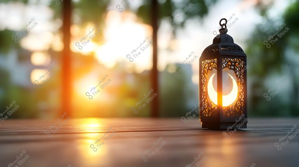 A traditional lantern with a candle inside placed on a wooden table at sunset. The lantern features intricate geometric designs with a crescent, and in the background, there is an out-of-focus natural scene with warm sunlight.