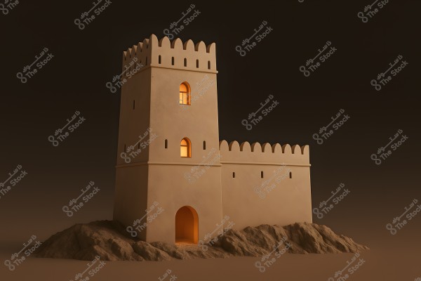 The image depicts a traditional-looking castle made of clay or stone, featuring a tall tower and illuminated arched windows. The castle is built on a rocky base, showcasing traditional and folkloric details and appears to be of Arabic architectural style.