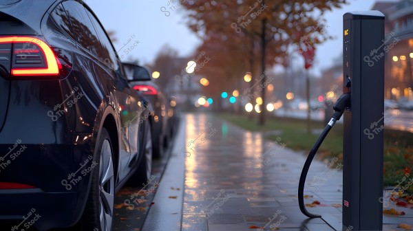 An electric car parked on the side of a street lit by street lamps in the evening. The car is plugged into an electric charging station situated on the sidewalk. The ground is wet with fallen autumn leaves, and blurred lights reveal trees, buildings, and street life in the background.