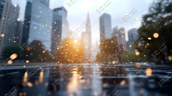 The image shows raindrops falling onto a wet surface in the foreground, with tall skyscrapers and a foggy cityscape in the blurred background. Faint sunlight reflects between the buildings, adding a warm and urban feel.