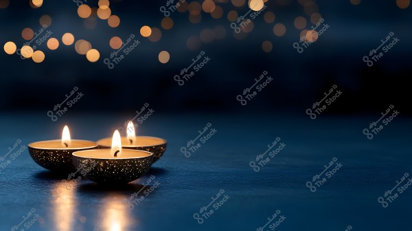 An image of three small lit candles placed in decorative bowls on a dark blue surface. In the background, there are softly blurred golden light spots, creating a calm and warm atmosphere.