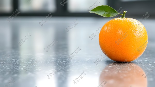 Image of an orange fruit with a small green leaf on top, placed on a shiny surface. The background is blurred and features neutral colors.