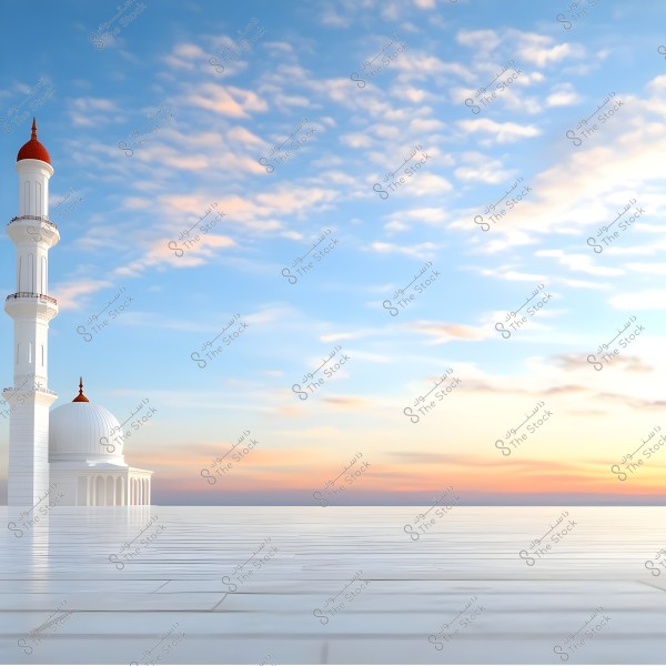 A view of a mosque with a white minaret and dome, set against the backdrop of a sunset. The sky is adorned with pink and blue clouds, conveying a sense of calm and tranquility.