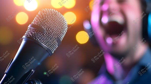 Image of a silver microphone in the foreground with a blurred background of a person wearing headphones and singing loudly. Bright bokeh lights and a dark brown background add a dynamic touch to the image.