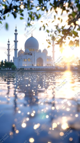 Image of a large mosque with white domes and minarets, reflected on a smooth water surface creating sparkling sunlight reflections. Trees and leaves appear in the foreground, adding a natural dimension to the image. The overall atmosphere suggests sunset or sunrise.