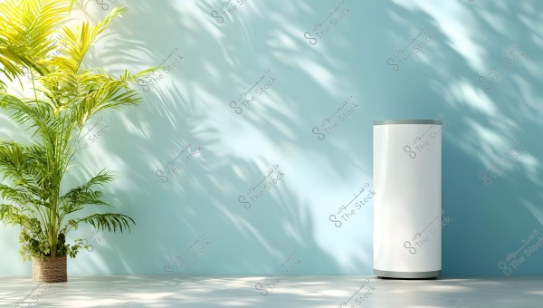 The image shows a large potted plant placed on the floor next to a light blue wall. The plant appears healthy with lush green foliage. Beside the plant, there is a tall white appliance that resembles an air purifier or a water heater. The lighting is soft, casting beautiful shadow patterns on the blue wall.