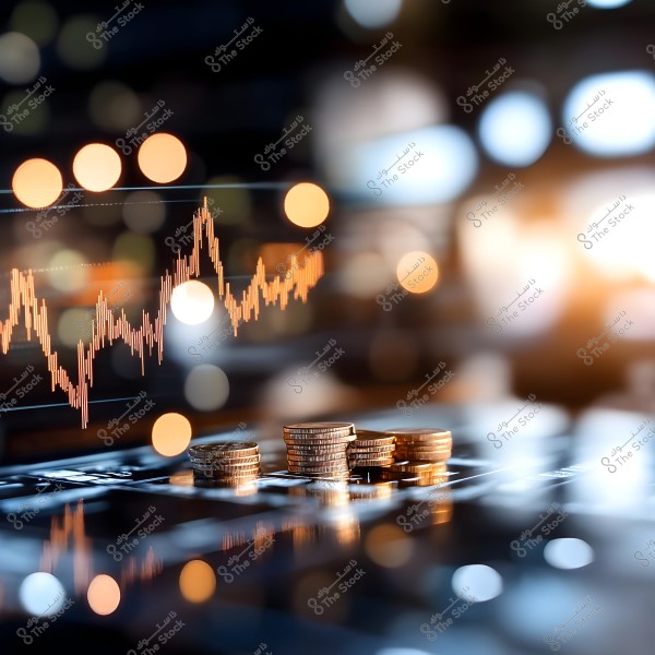 An image showing a stack of coins against a background with a financial chart displaying fluctuating patterns, with soft lighting and glowing colors in the background. This scene illustrates a financial and technological theme.