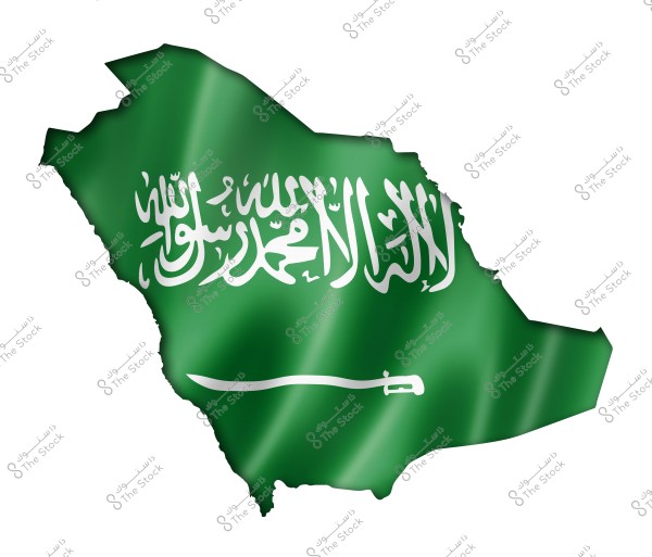 An image of the map of Saudi Arabia overlaid with the design of the Saudi flag. The map is green with the Shahada, \"There is no god but Allah; Muhammad is the Messenger of Allah,\" written in white, and a horizontal white sword beneath it.